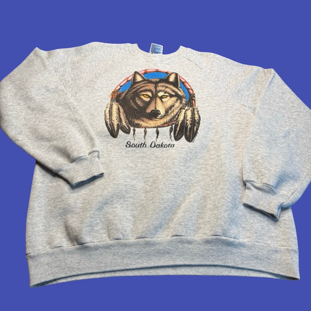 Vintage South Dakota Wolf Dreamcatcher Sweatshirt XL Gray Hanes Crewneck